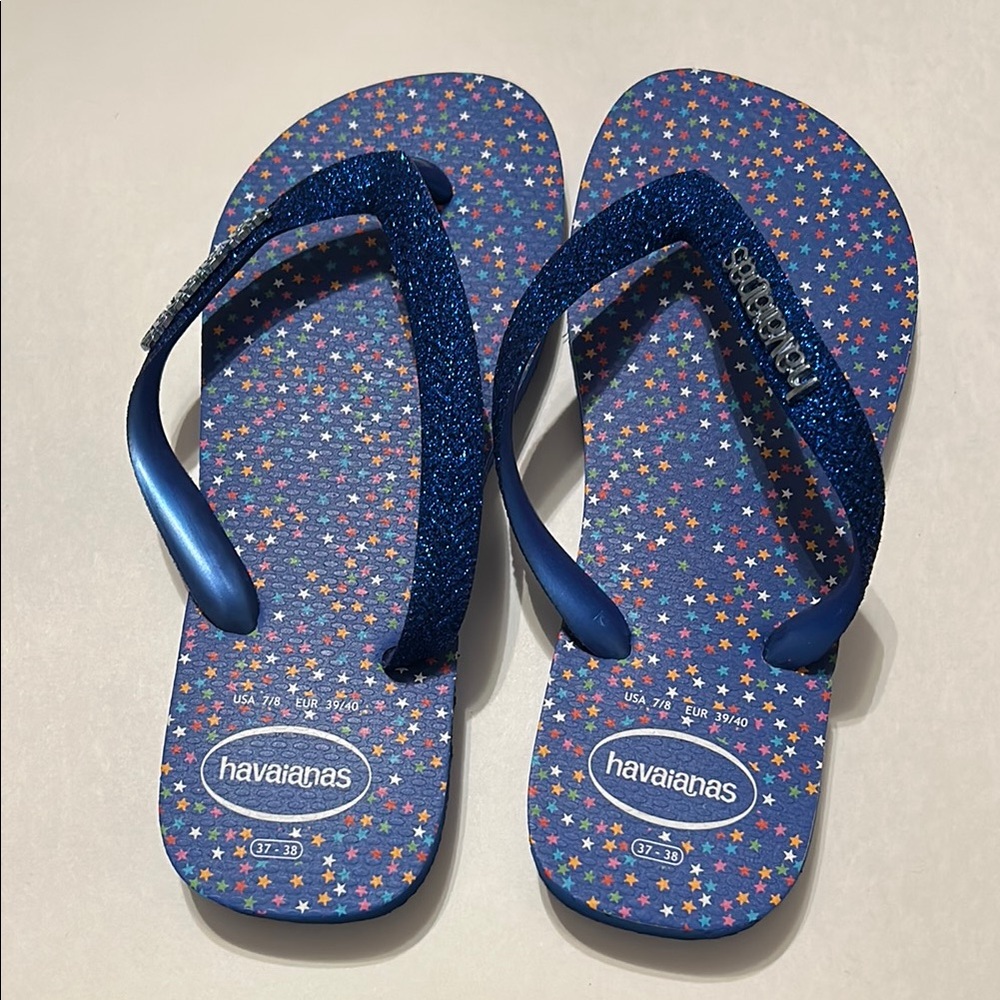 Havaianas Blue Sandals Flip Flops with glitter straps